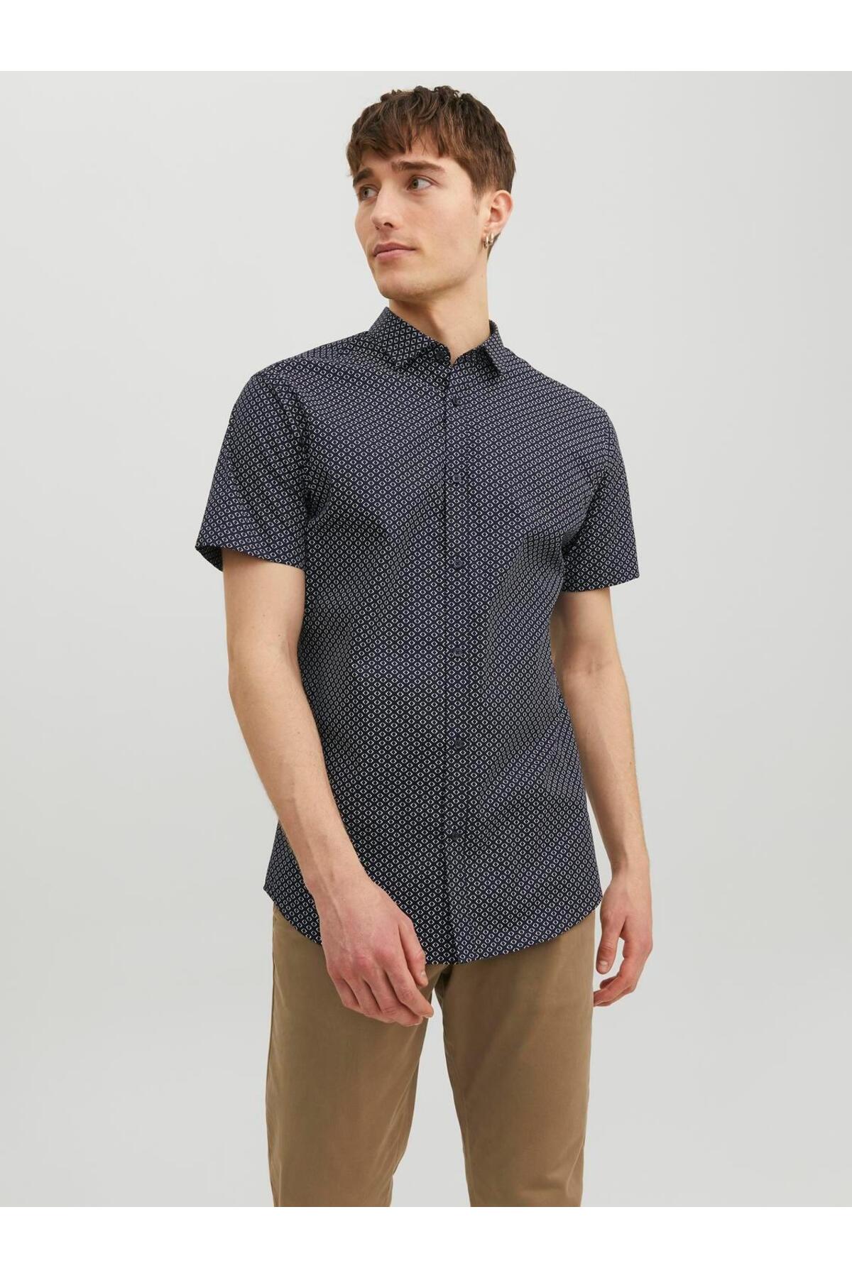 پیراهن جک اند جونز مردانه Pamuk - Poliamid آبی سرمه ای  راسته Slim Fit/اسلیم فیت    Slim/اسلیم فیت Daily/روزانه | Jack & Jones 12231865 - تصویر 4