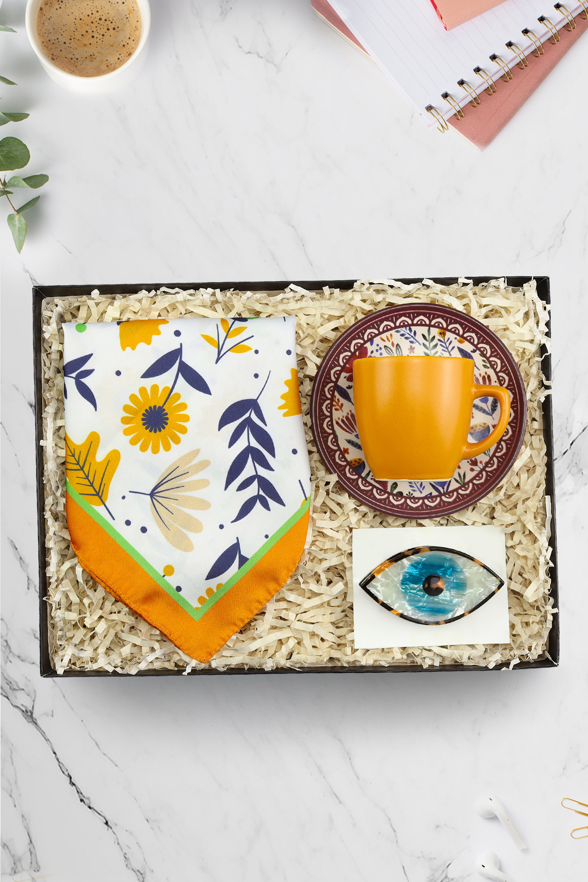 Trendmiya Turuncu Türk Kahvesi Fincanı & Turuncu Tasarım Fular & Göz Kemik Mandal Toka Hediye Seti