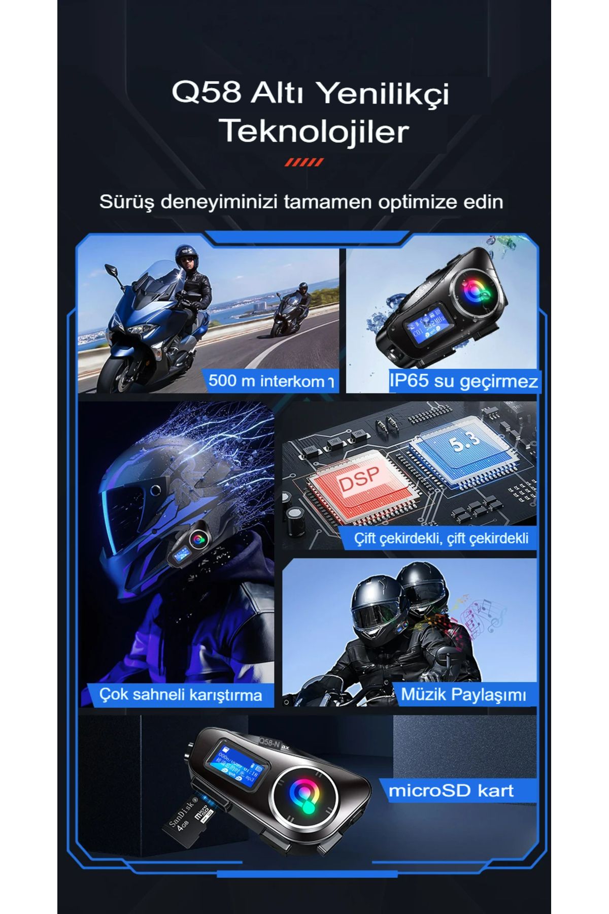 2 Intercom Bağlantılı Radyolu Lcd Ekranlı Işıklı Su Geçirmez Motorcu Kask Kulaklık Müzik Çalar