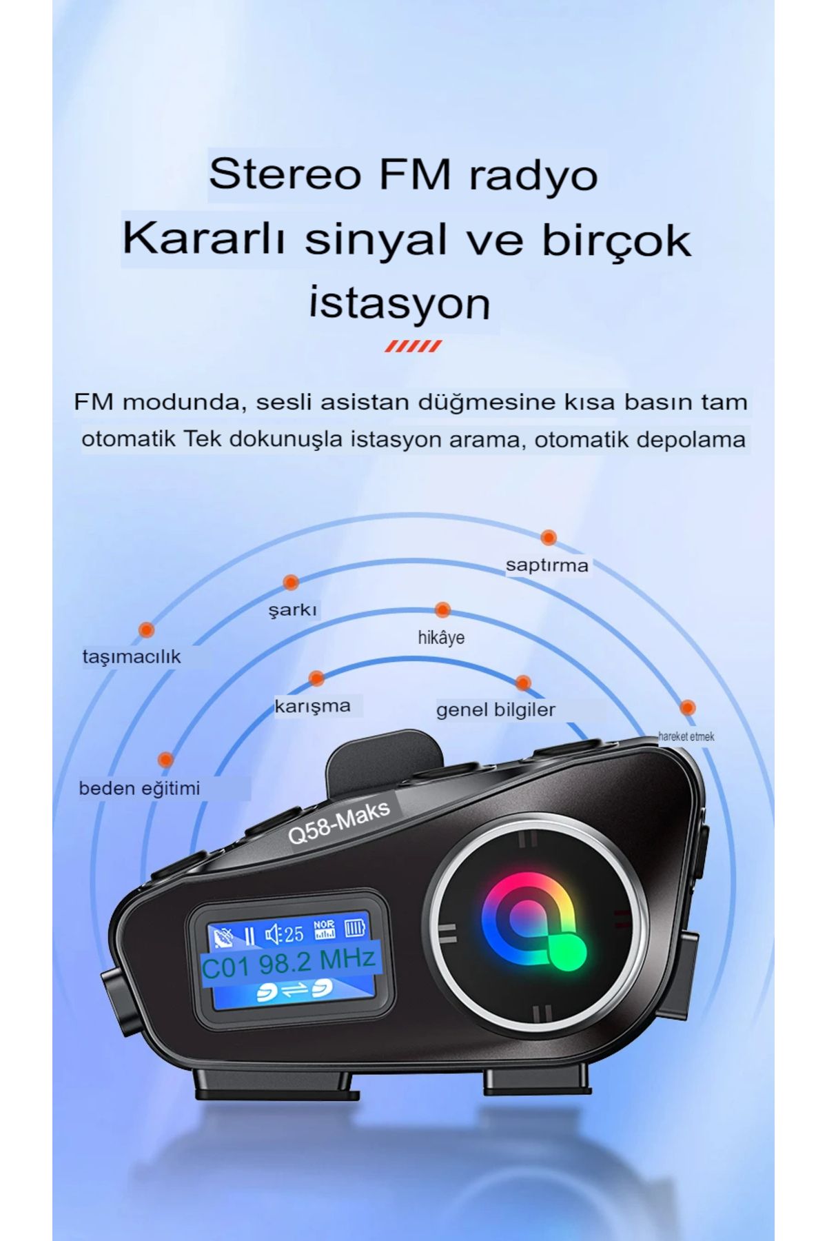 2 Intercom Bağlantılı Radyolu Lcd Ekranlı Işıklı Su Geçirmez Motorcu Kask Kulaklık Müzik Çalar