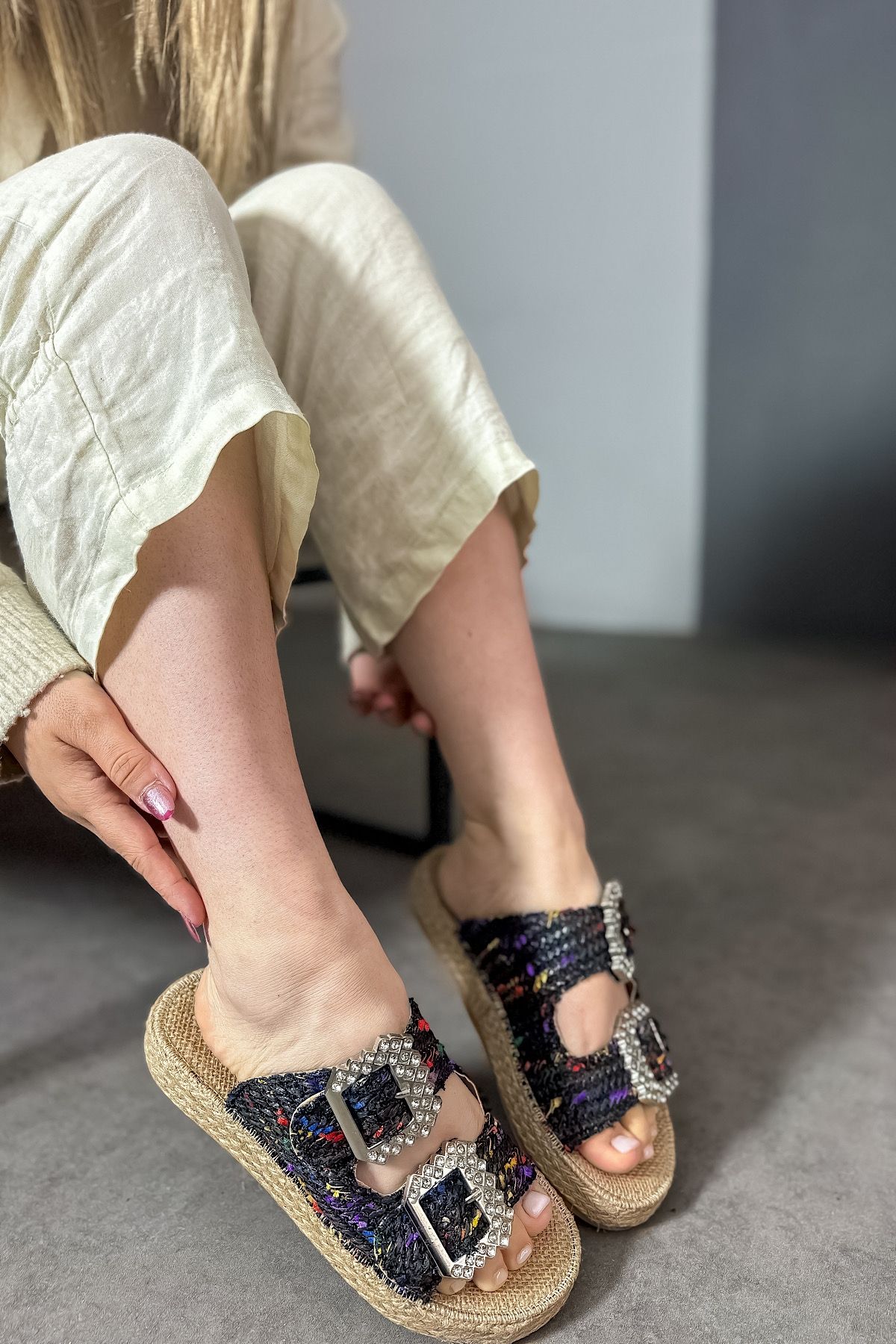 SHOEBELLAS Papuci De Damă Wıay Cu Cataramă De Piatră De Paie Închisă Femeie - 39