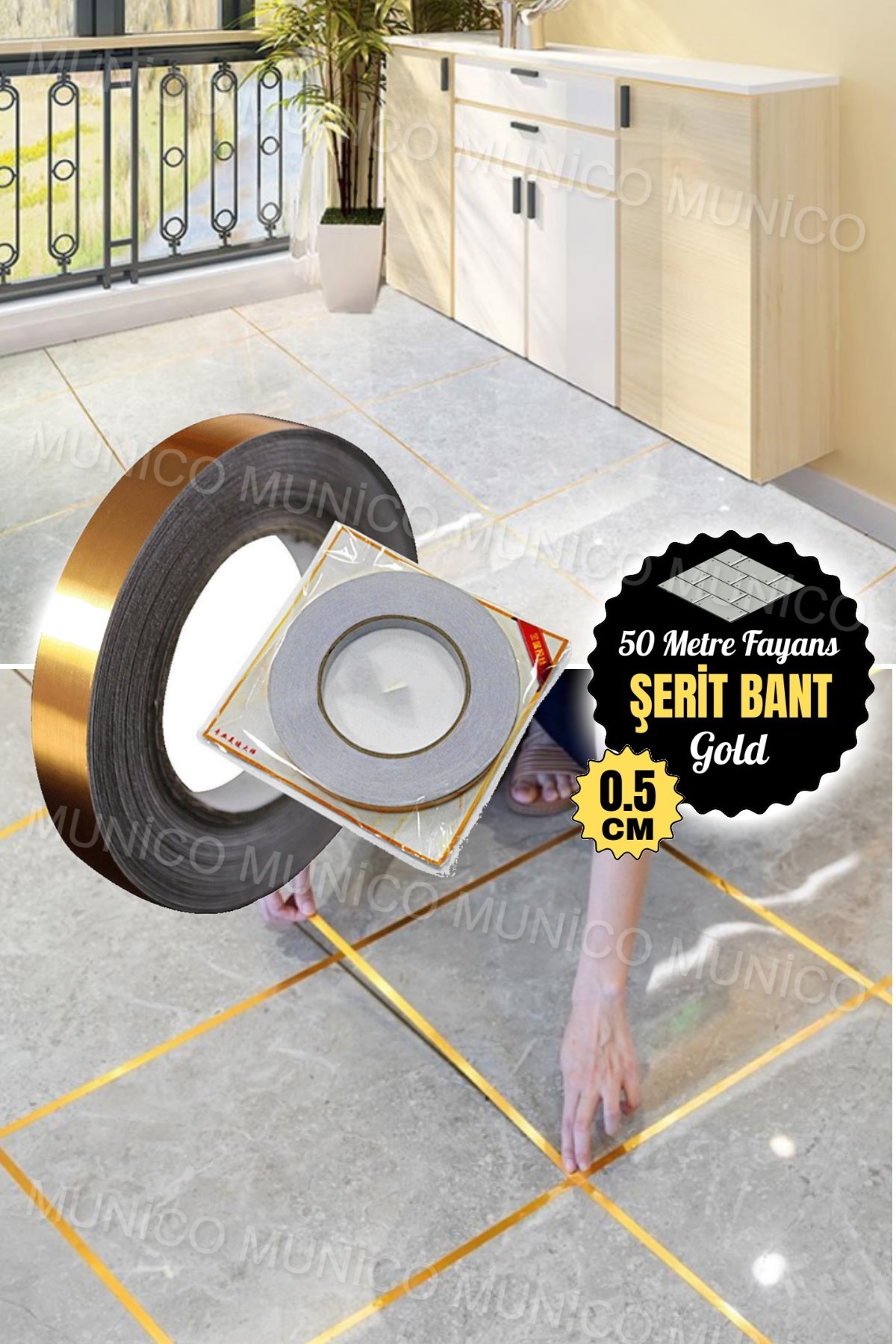 Munico Fayans Arası Yapışkanlı Folyo Derz Bandı Şerit Bant Gold 0.5 Cm 50 Metre Folyo Kendinden Yapışkanlı