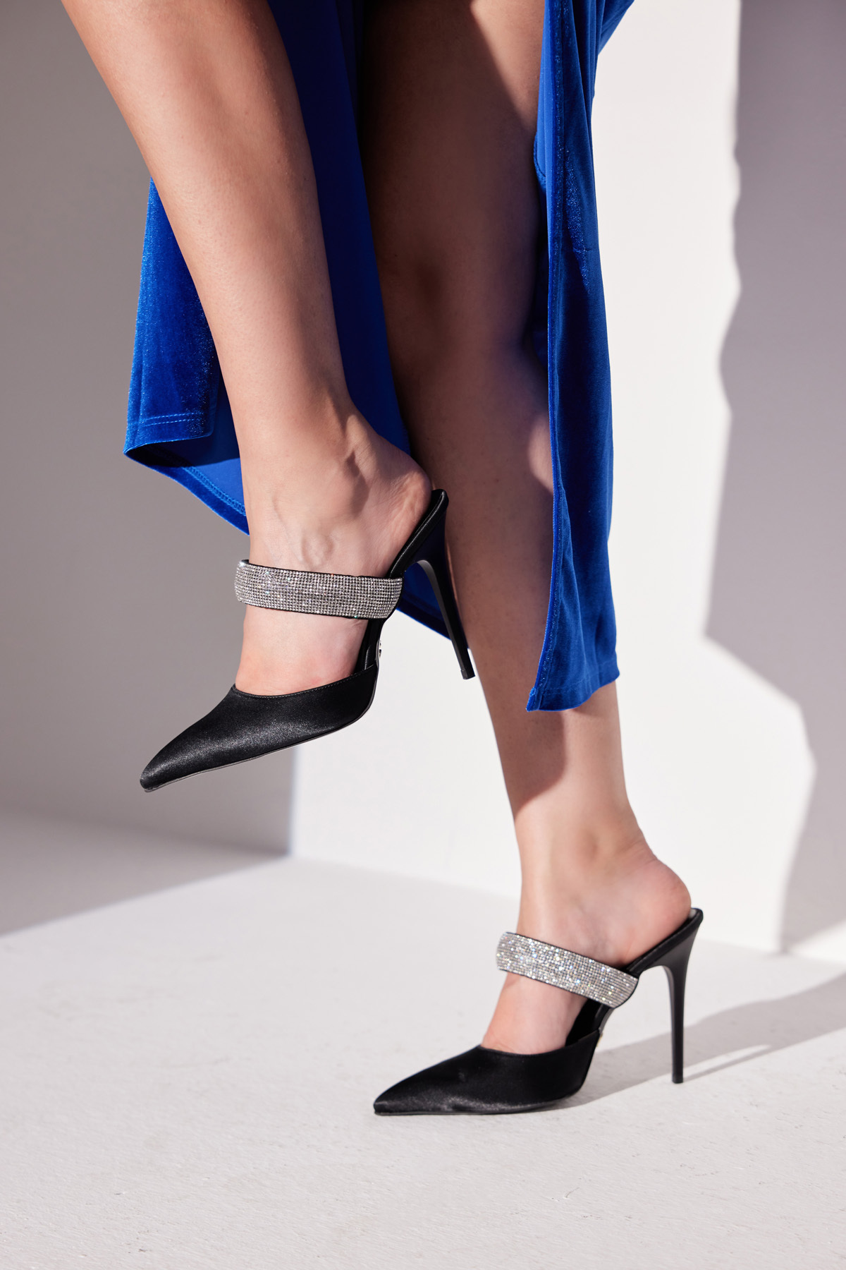 AYAKKABI PRENSİ-Ceres Stone Detailed Black Satin Black 10 cm Women's Slippers, Heeled Slippers 5