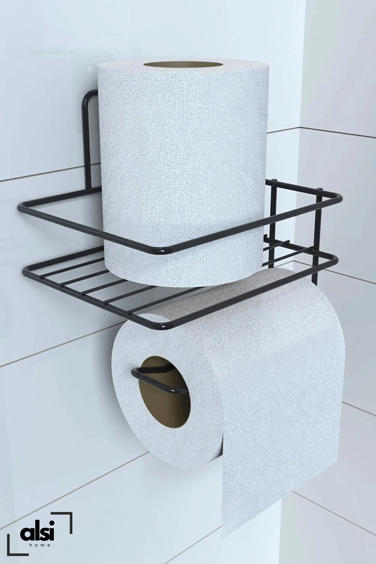 ALSİ HOME Yapışkanlı Tuvalet Kağıtlığı Tutacağı Askısı Siyah Metal Tuvalet Kağıtlık Raflı Tuvalet Kağıtlığı