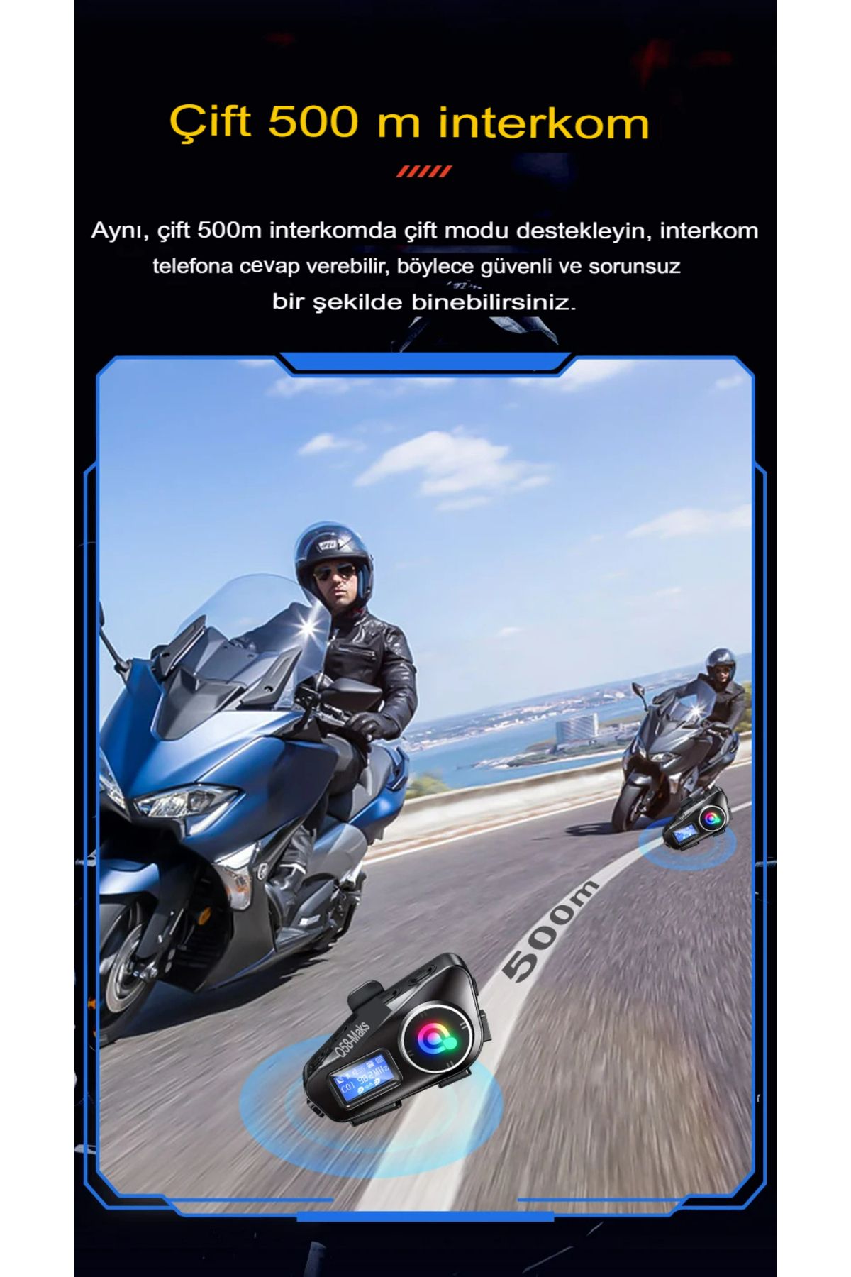 2 Intercom Bağlantılı Radyolu Lcd Ekranlı Işıklı Su Geçirmez Motorcu Kask Kulaklık Müzik Çalar