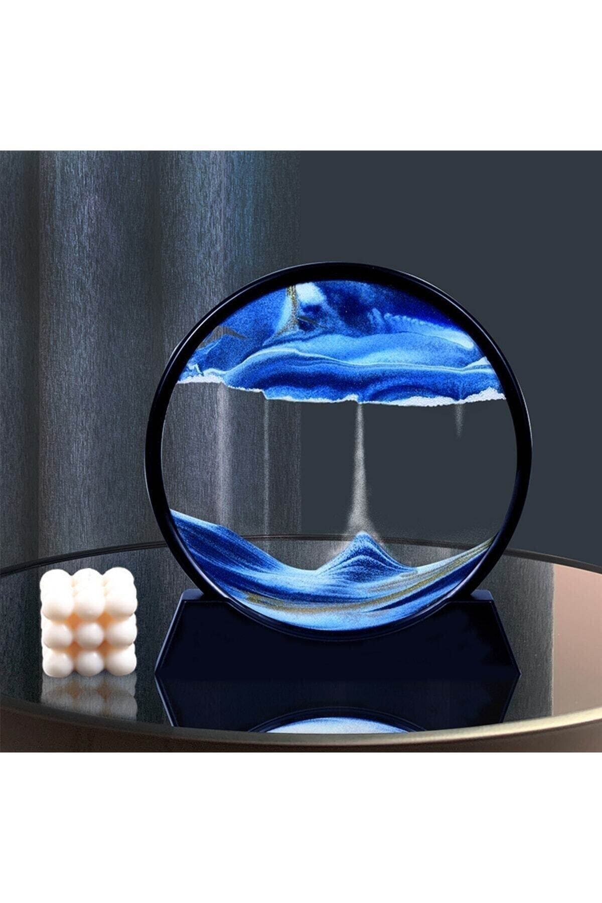 Deco Elit 7 Inç Mavi Orta Boy Dekoratif  Yuvarlak Şık Kum Tablosu Kum Saati Şeklinde Kum Tablo