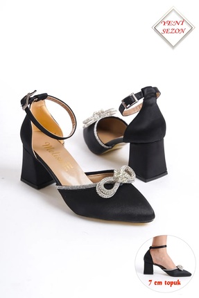 Moda Değirmeni Siyah Saten Kadın Taşlı Fiyonklu Topuklu Ayakkabı BG1042-119-0019