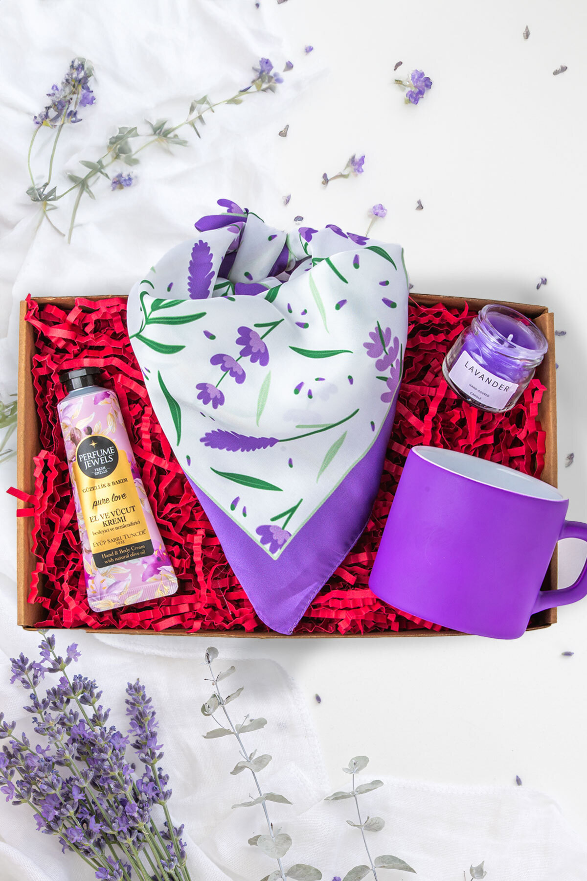 ATÖLYE247 Lavanta Desenli Fular - Mor Çay-kahve Fincanı - El Kremi - Mini Cam Mum Mor Anneler Günü Hediye Seti