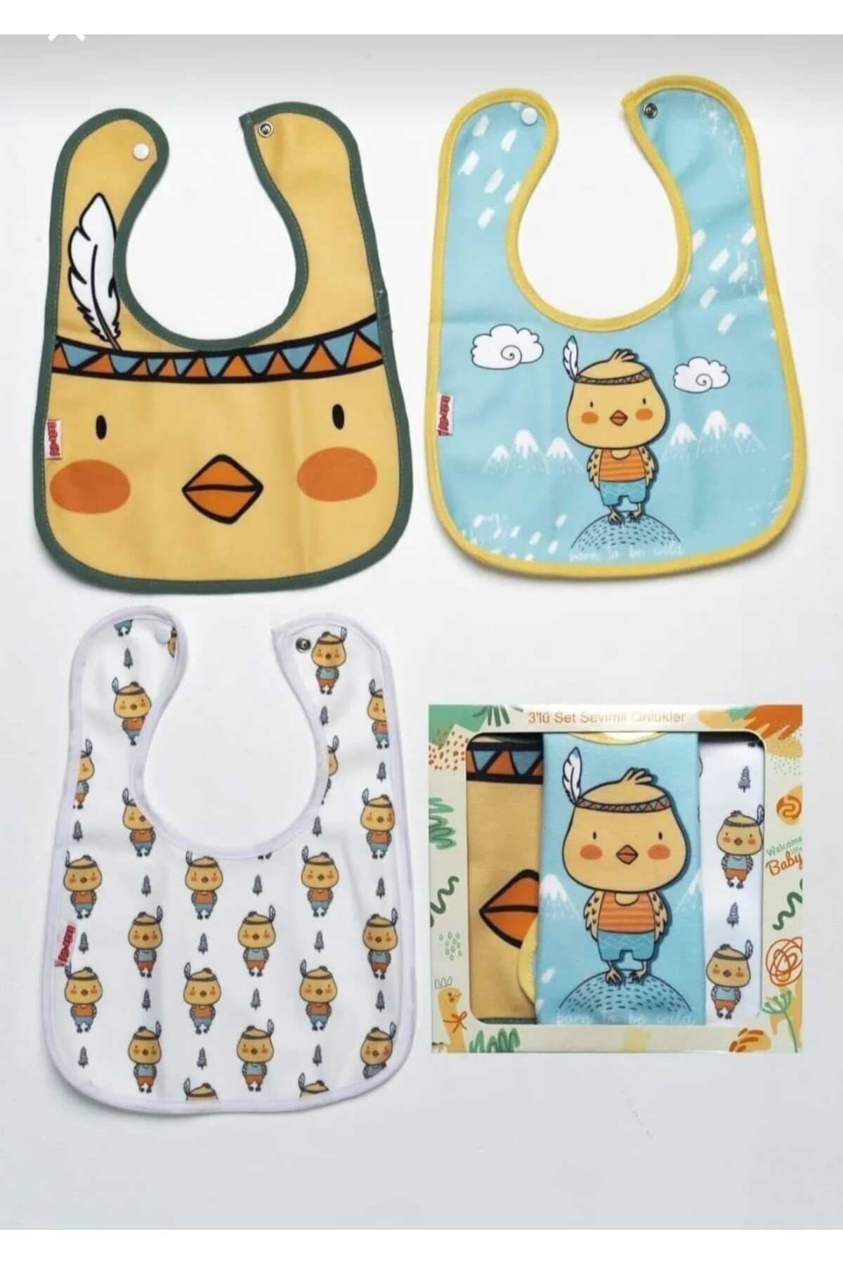 Genel Markalar 3'lü Civciv Temalı Microfiber %100 Pamuk Sıvı Geçirmez Mama Önlüğü Bebek Önlük