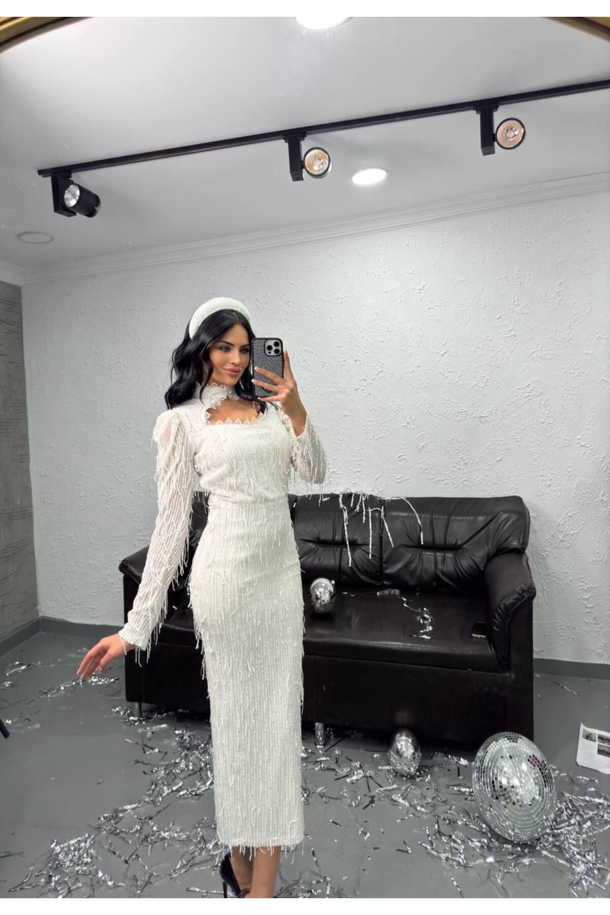 1Moda1Tarz-Rochie albă cu paiete și paiete pentru femei 2