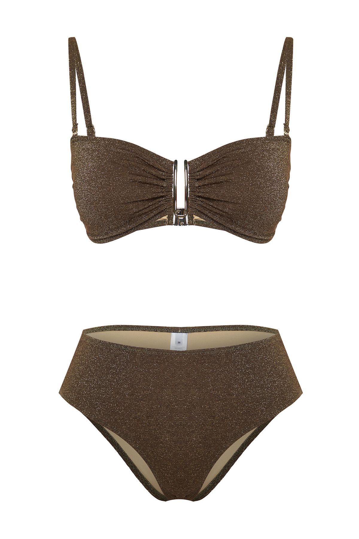 Trendyol Collection-Braunes, trägerloses, glitzerndes brasilianisches Bikini-Set mit Zubehör TBESS24BT00054 6