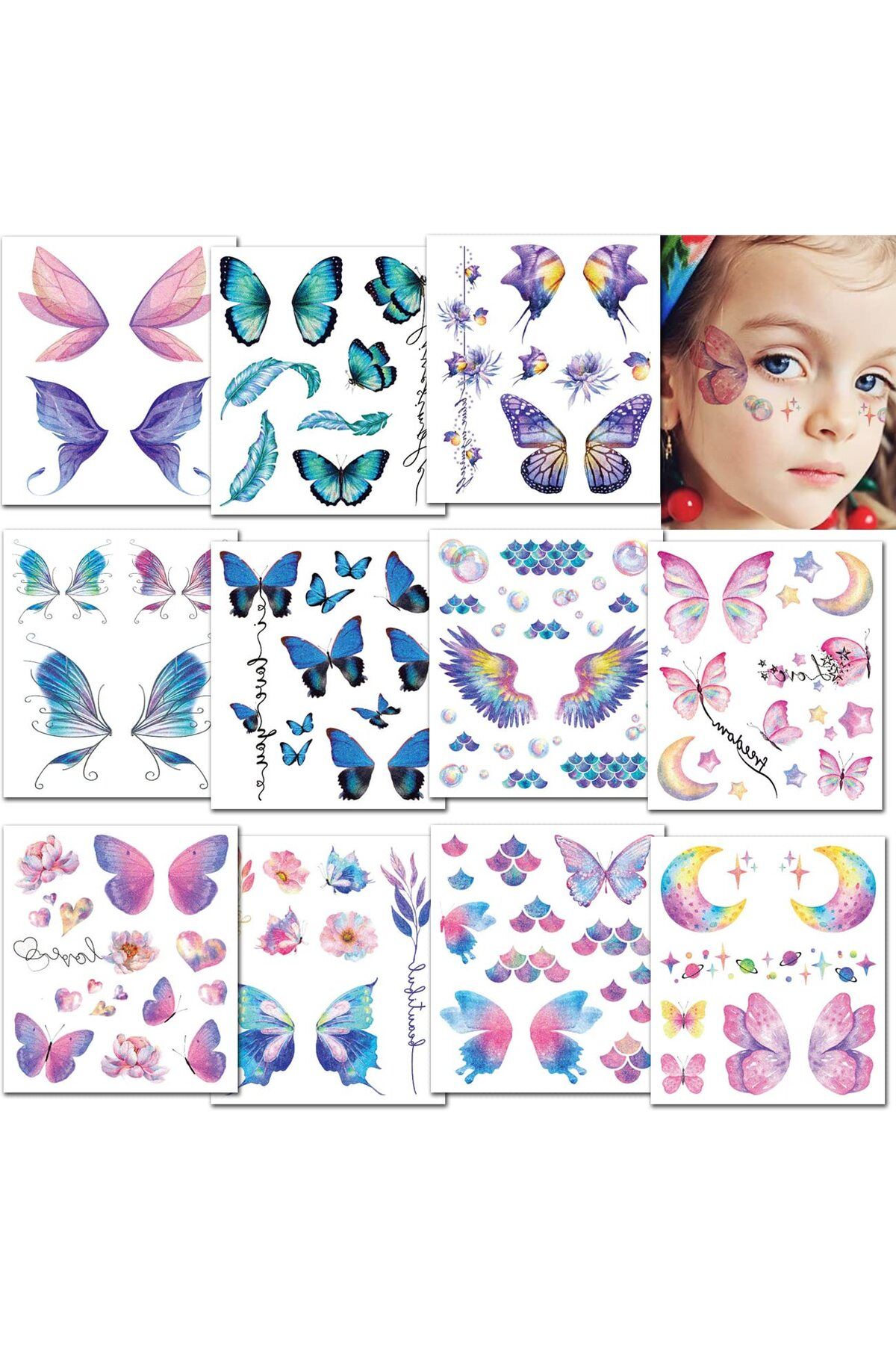 Choice-12 Sheets Butterfly Tattoos Temporary for Kids Women Eyes Make Up Galaxy Waterproof Face Tattoo S... 2