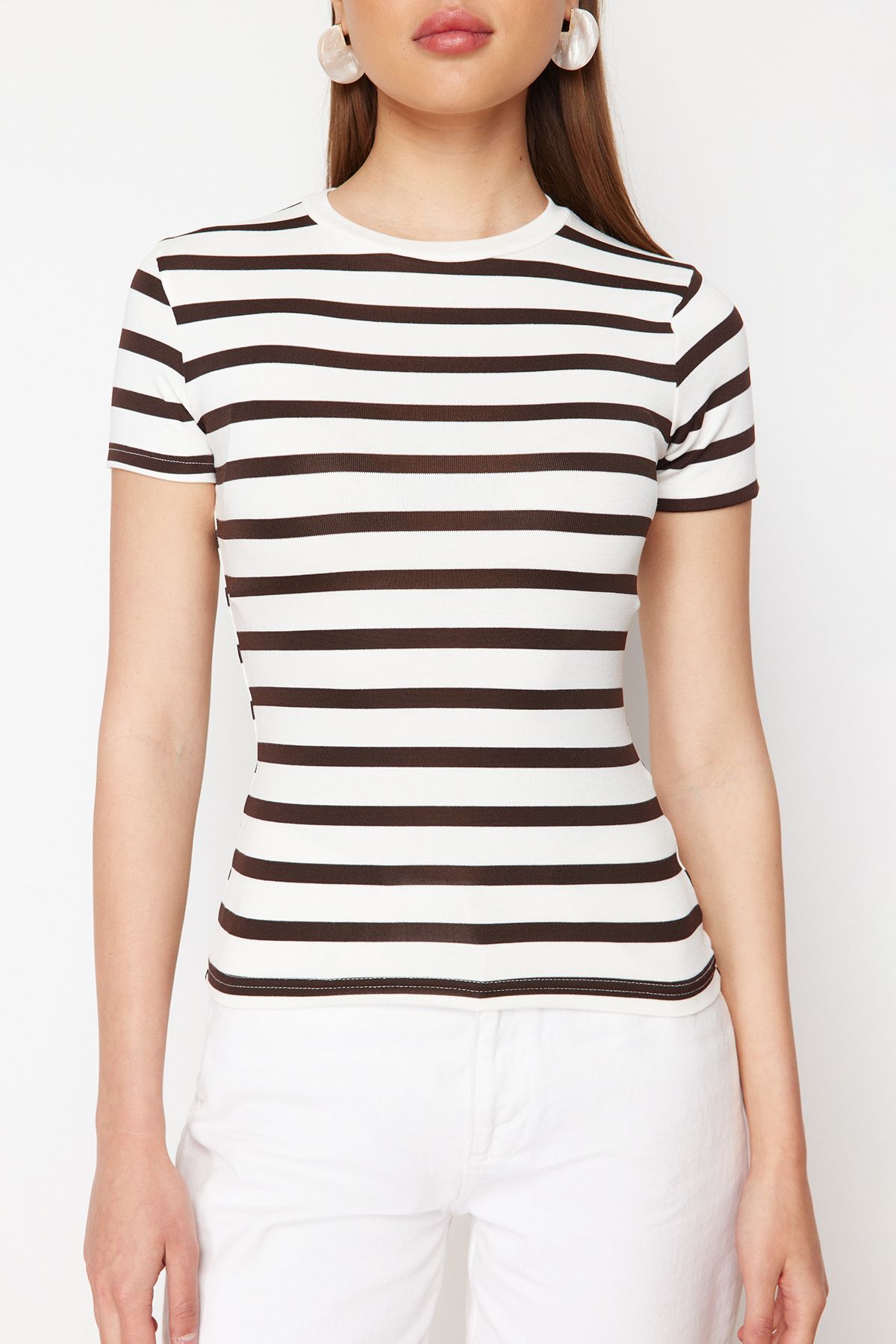 Trendyol Collection-Καφέ ριγέ παχύρρευστη/μαλακό ύφασμα πλεκτή μπλούζα με εφαρμογή στο σώμα TWOSS24BZ00296 5