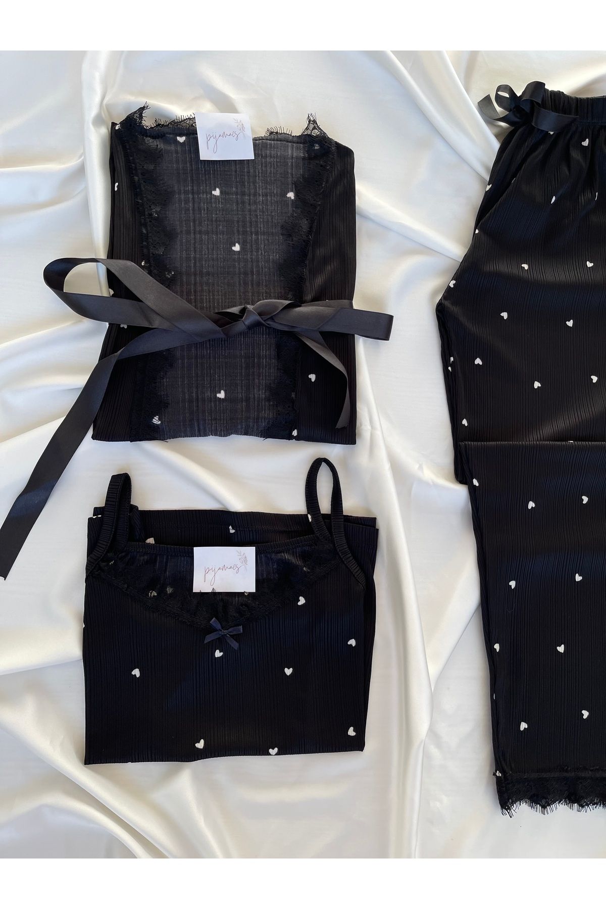 Pijamacs-Black Heart Patterned Pegasus Pajama Set with Apron 6