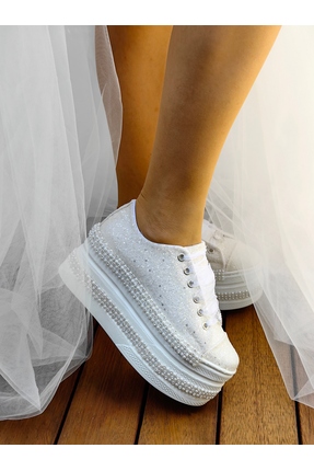 Ayakkabı Tutkusu Stilo ® Fildişi Parıltılı Taş ve İnci Detaylı Gelin Ayakkabı...