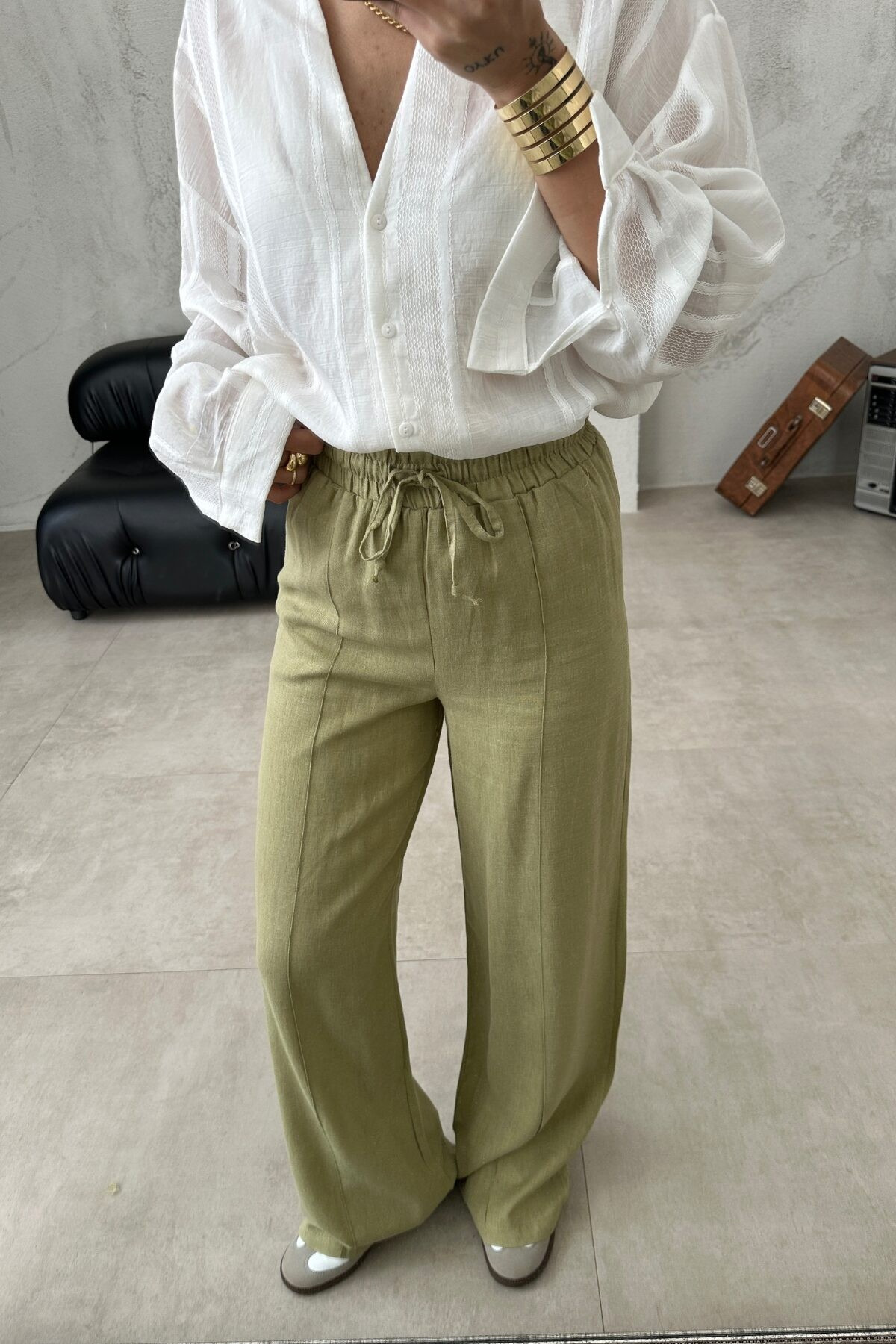 My Blog  Çağla Yeşili %100 Keten Palazzo Pantolon 3455 - Görsel 2