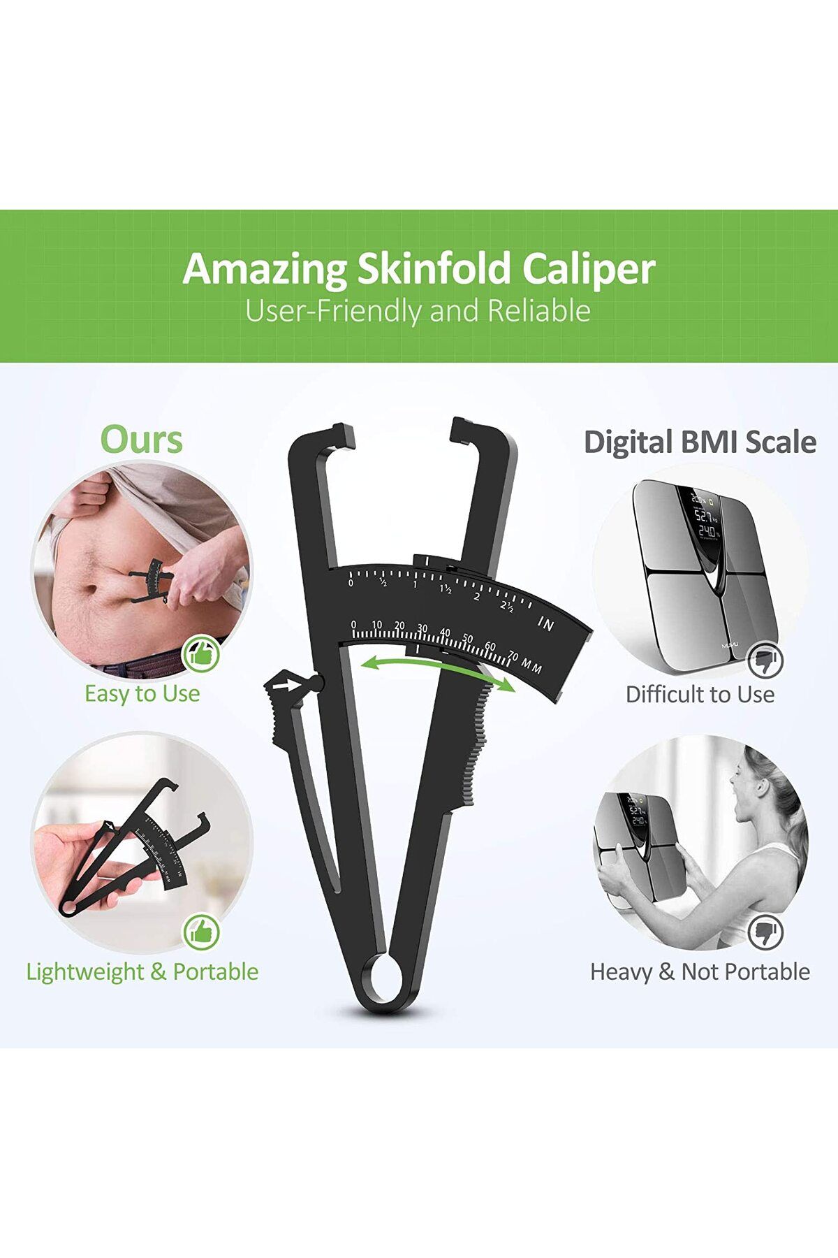 LPPCOLTD-Body Fat Caliper Fat Measure Clipper Combo with Body Fat Percentage Measure Chart Measuring Body ... 5