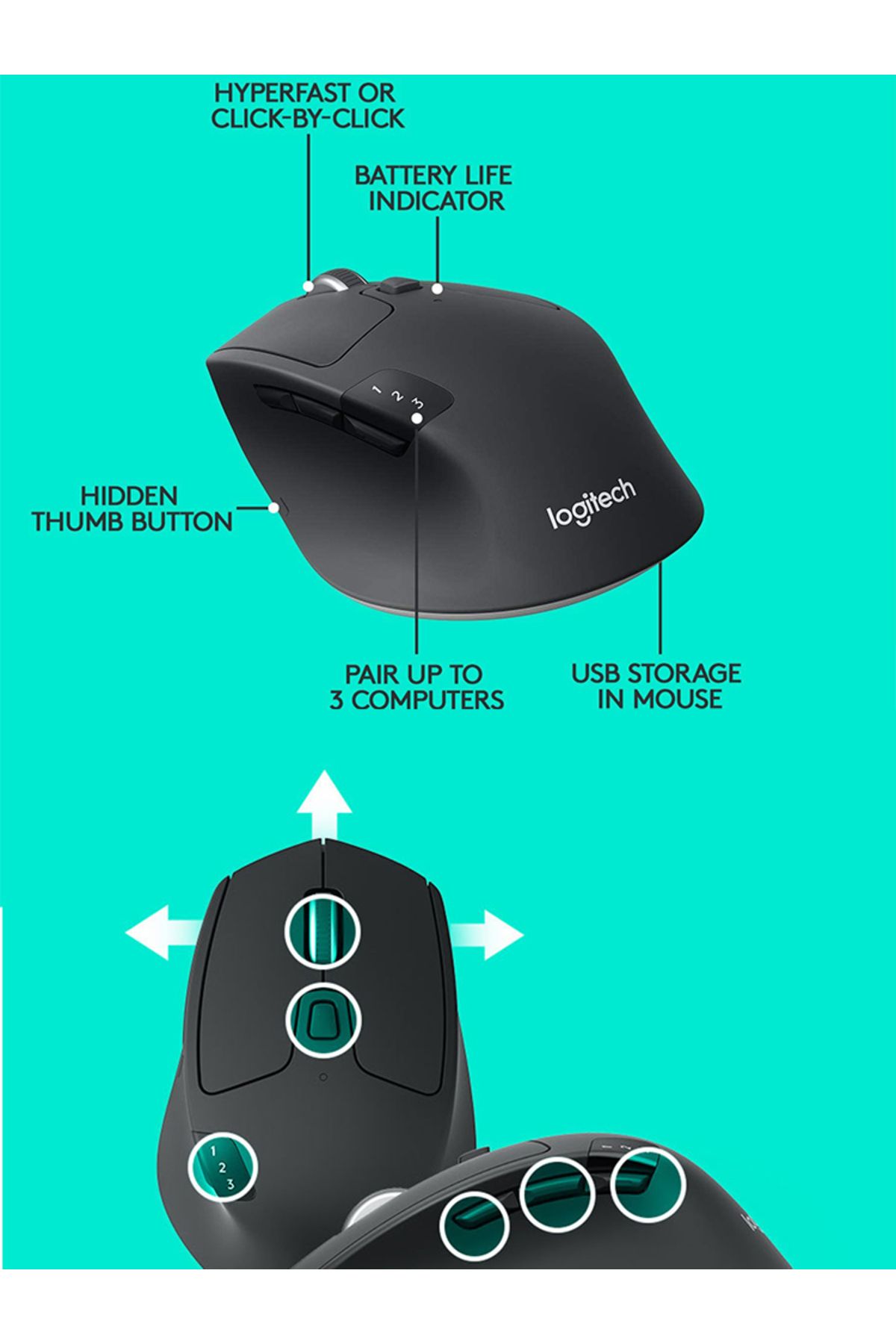logitech-Logitech M720 Triathlon Multi-Device Wireless Mouse Bluetooth USB Unifying Receiver 1000 DPI 8 Bu... 8