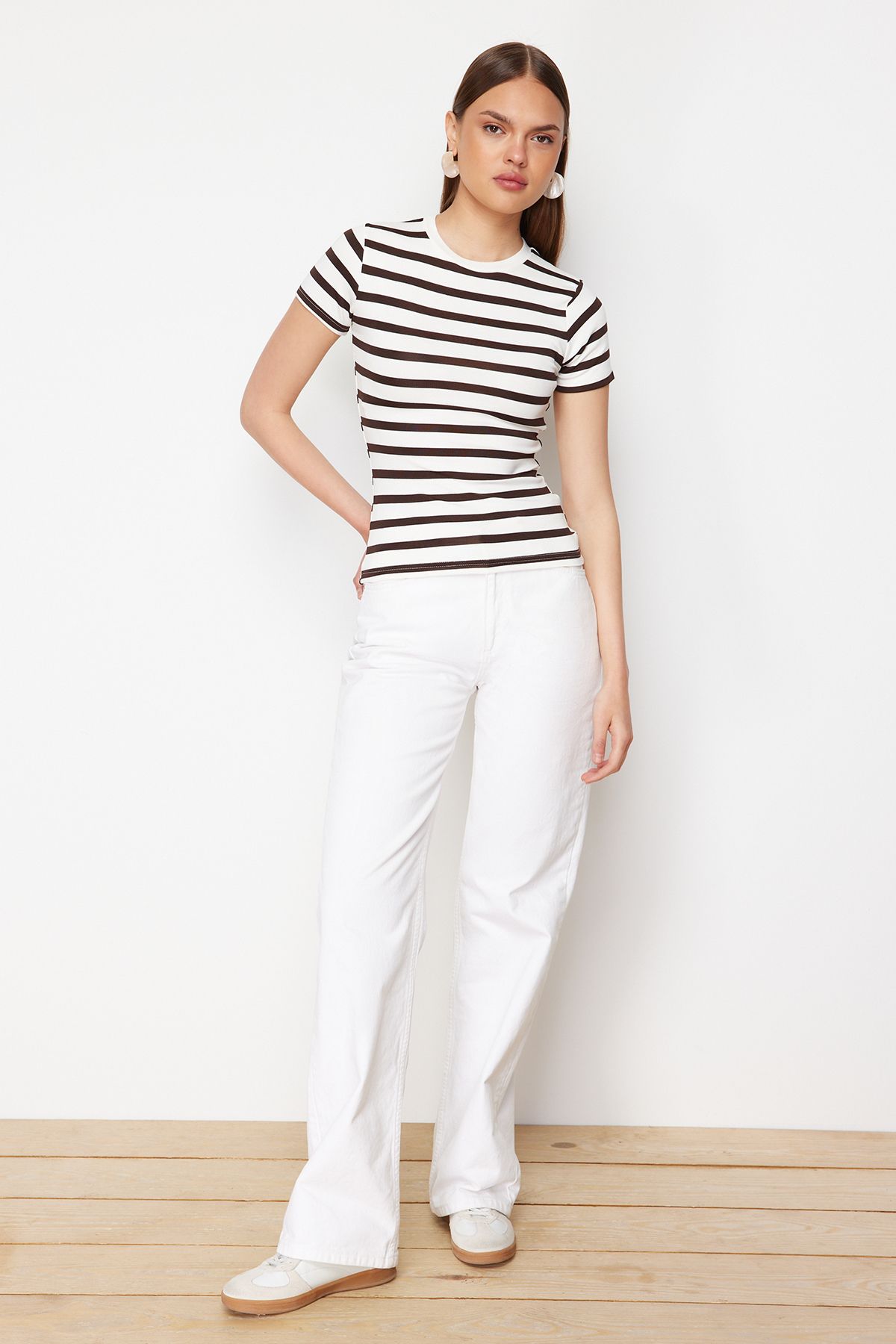 Trendyol Collection-Καφέ ριγέ παχύρρευστη/μαλακό ύφασμα πλεκτή μπλούζα με εφαρμογή στο σώμα TWOSS24BZ00296 4