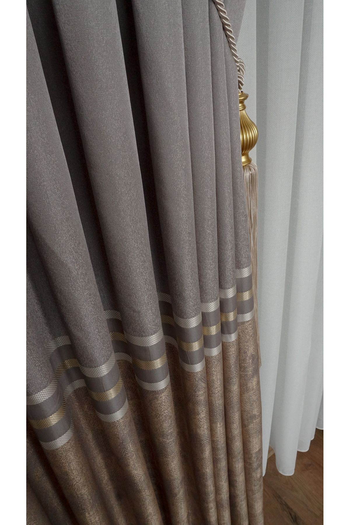 Yuka-Clipboard Background Curtain Mink Gold - Single Wing with Gold Gray Stripe Frequent Pleated Jacquard Bright Pattern 2
