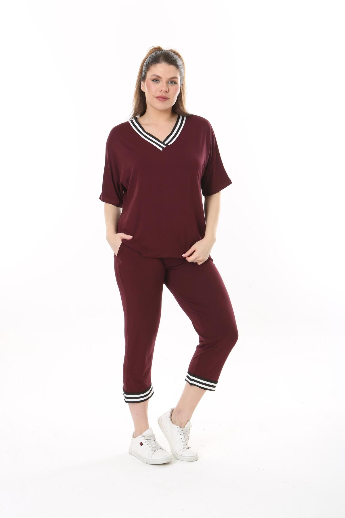 mami butik-MĂRIME PLUSĂ GULER CU DUNGIURI ÎN V MÂNECĂ SCURTĂ CAPRILĂ ȚESĂ PIETANATĂ VISCOSCON SET ElegANT 3