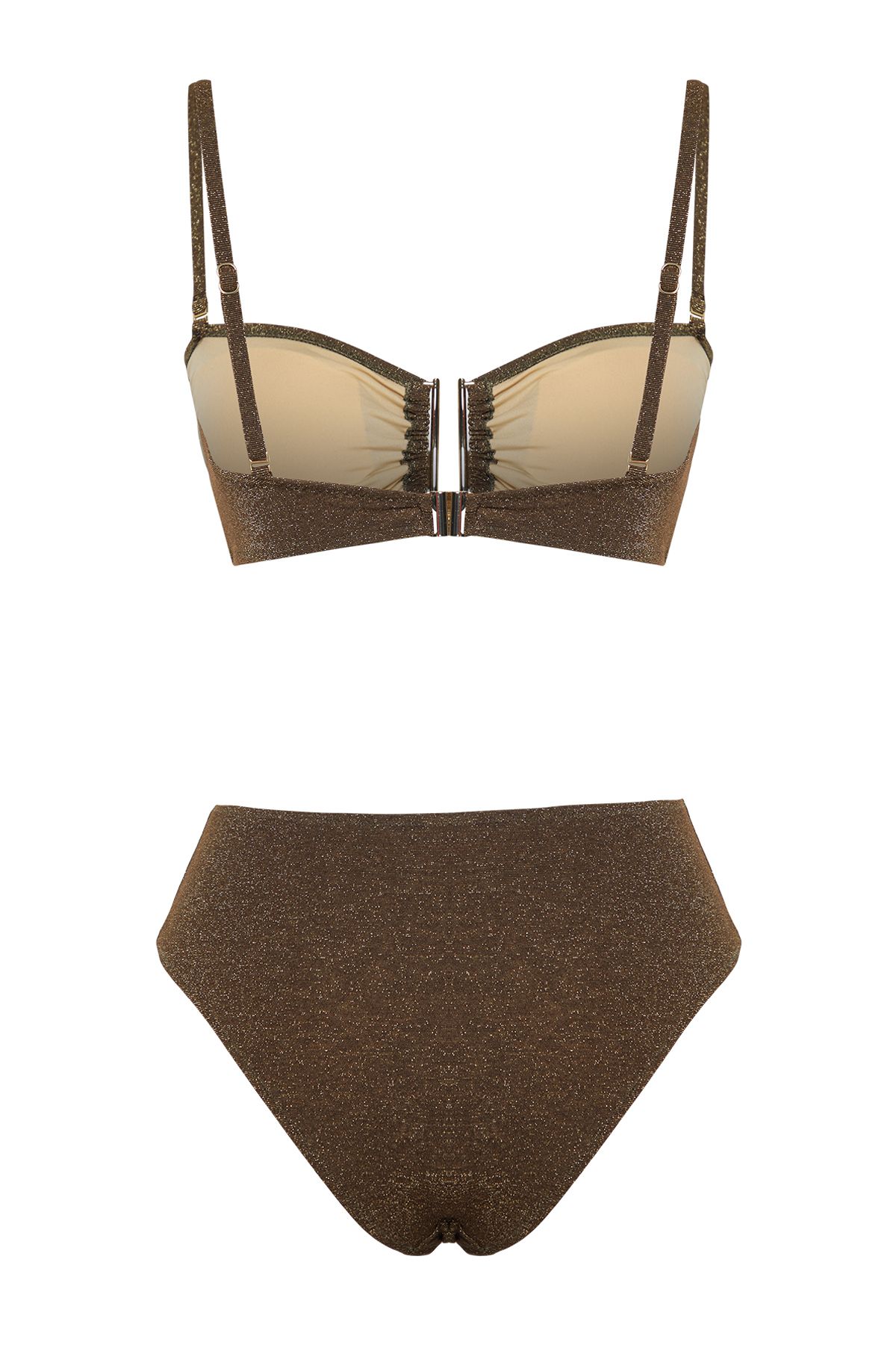 Trendyol Collection-Braunes, trägerloses, glitzerndes brasilianisches Bikini-Set mit Zubehör TBESS24BT00054 8