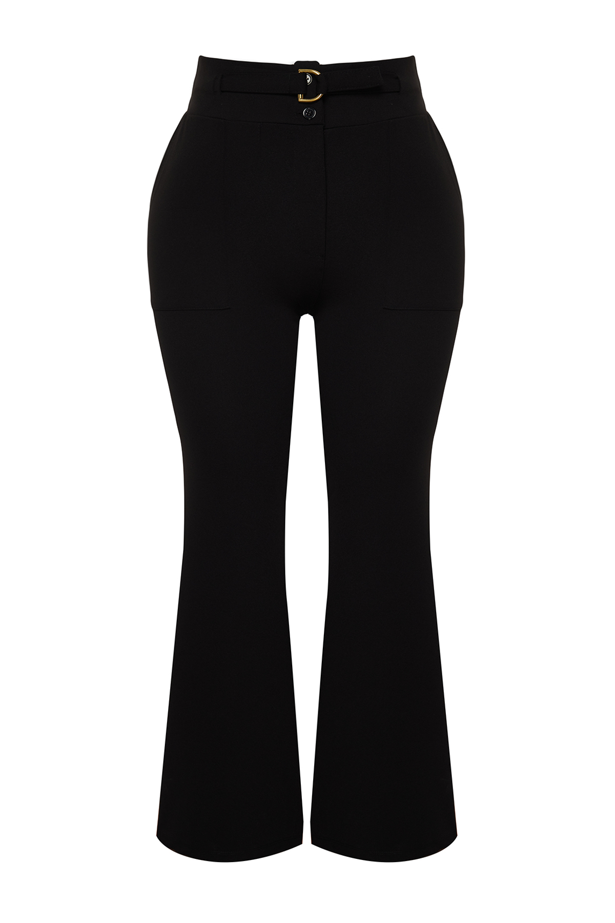 Trendyolmilla  Siyah Beli Kemer Detaylı Yüksek Bel Flare Örme Büyük Beden Pantolon TBBSS24AR00030 - Görsel 7