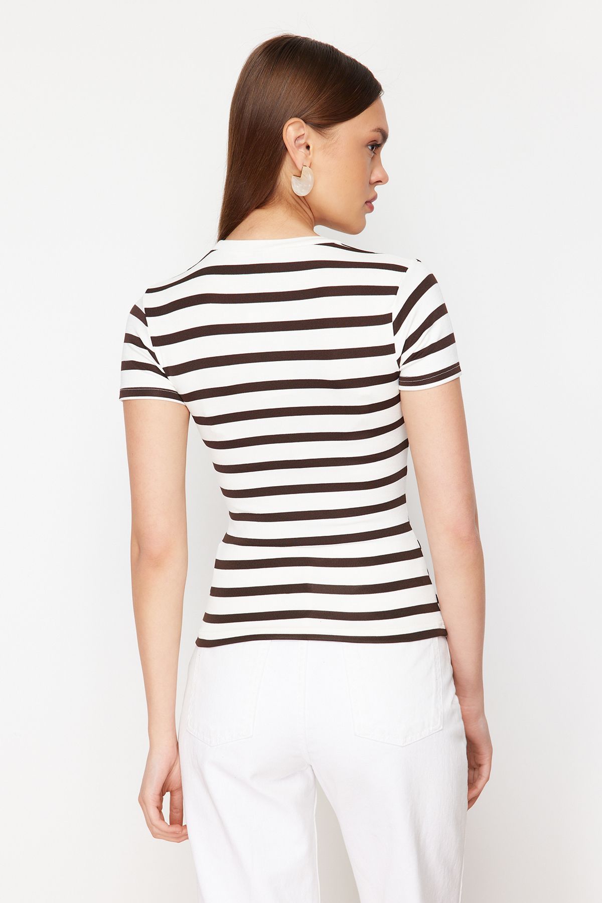 Trendyol Collection-Καφέ ριγέ παχύρρευστη/μαλακό ύφασμα πλεκτή μπλούζα με εφαρμογή στο σώμα TWOSS24BZ00296 7