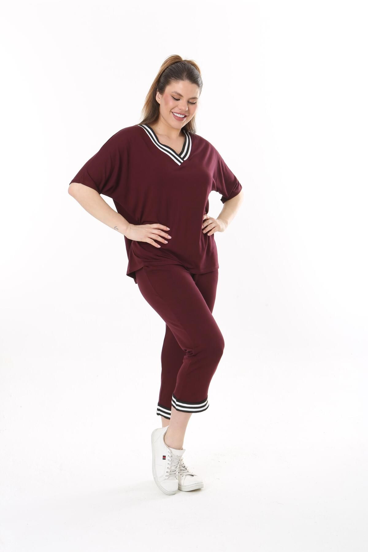 mami butik-MĂRIME PLUSĂ GULER CU DUNGIURI ÎN V MÂNECĂ SCURTĂ CAPRILĂ ȚESĂ PIETANATĂ VISCOSCON SET ElegANT 8