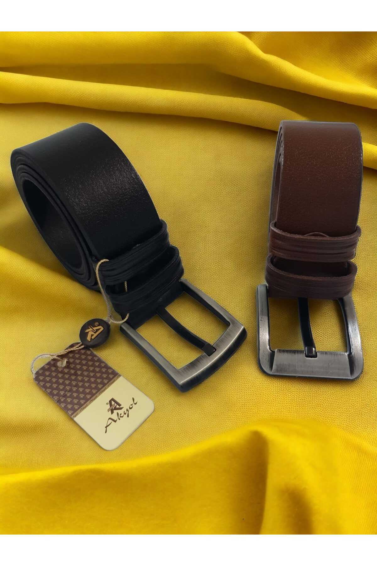 کمربند مردانه مشکی آکیولAkyol | düzsiyahkahvekot2li اورجینال - تصویر 3