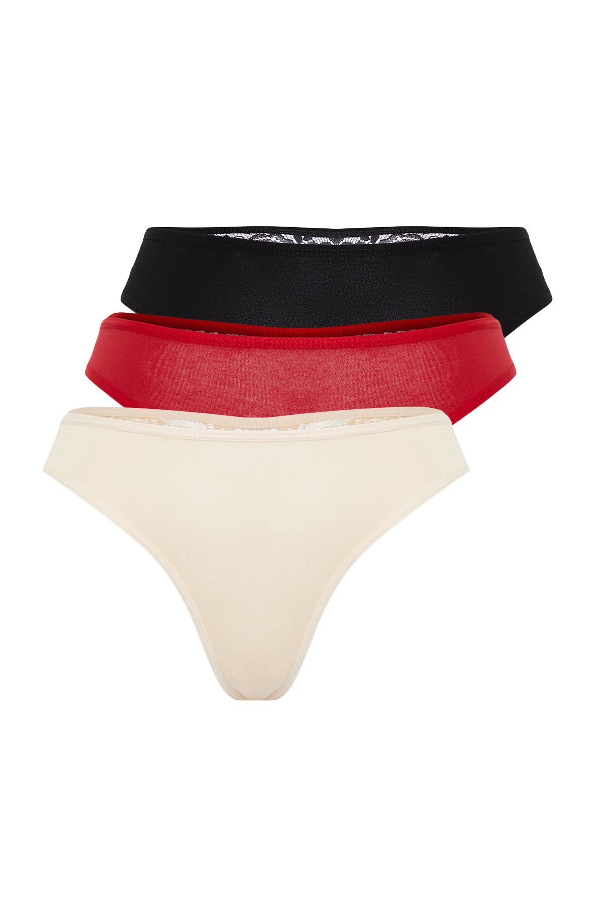 Trendyol Collection-Schwarz-rotes Haut-3-teiliges Baumwoll-Spitzen-Tanga-Strickhöschen (THMAW21KU0012) 7