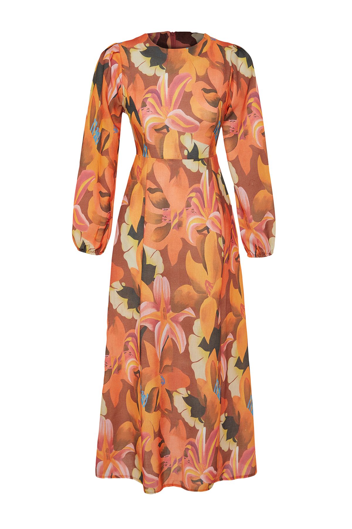 Trendyol Modest-Narancssárga virágmintás szőtt lenvászon ruha TCTSS24EB00102 7
