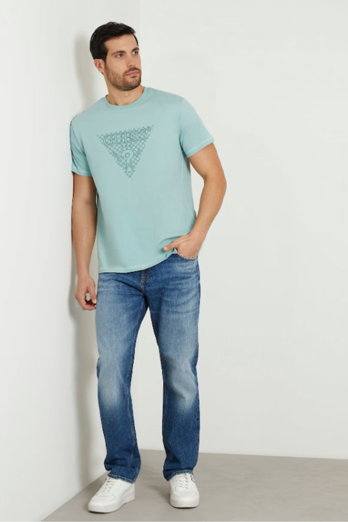تی شرت آبی مردانه آرم مثلث گلدوزی شده T shirge Guess