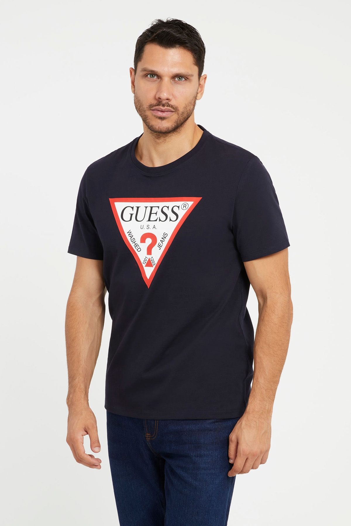 تی شرت آبی مردانه لاسیور با آرم مثلث Guess