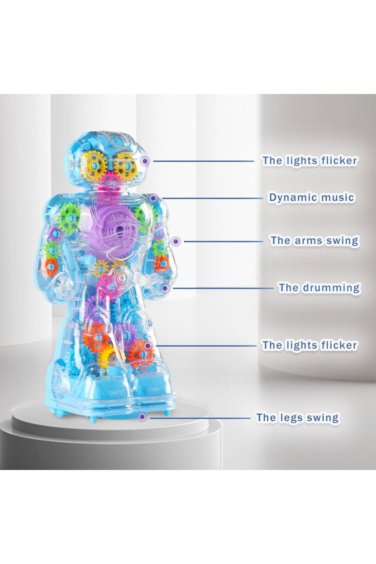 OYUNCAK STORE-Transparent Robot - 360 Degree Rotating Toy with Gear, Sound and Light 3