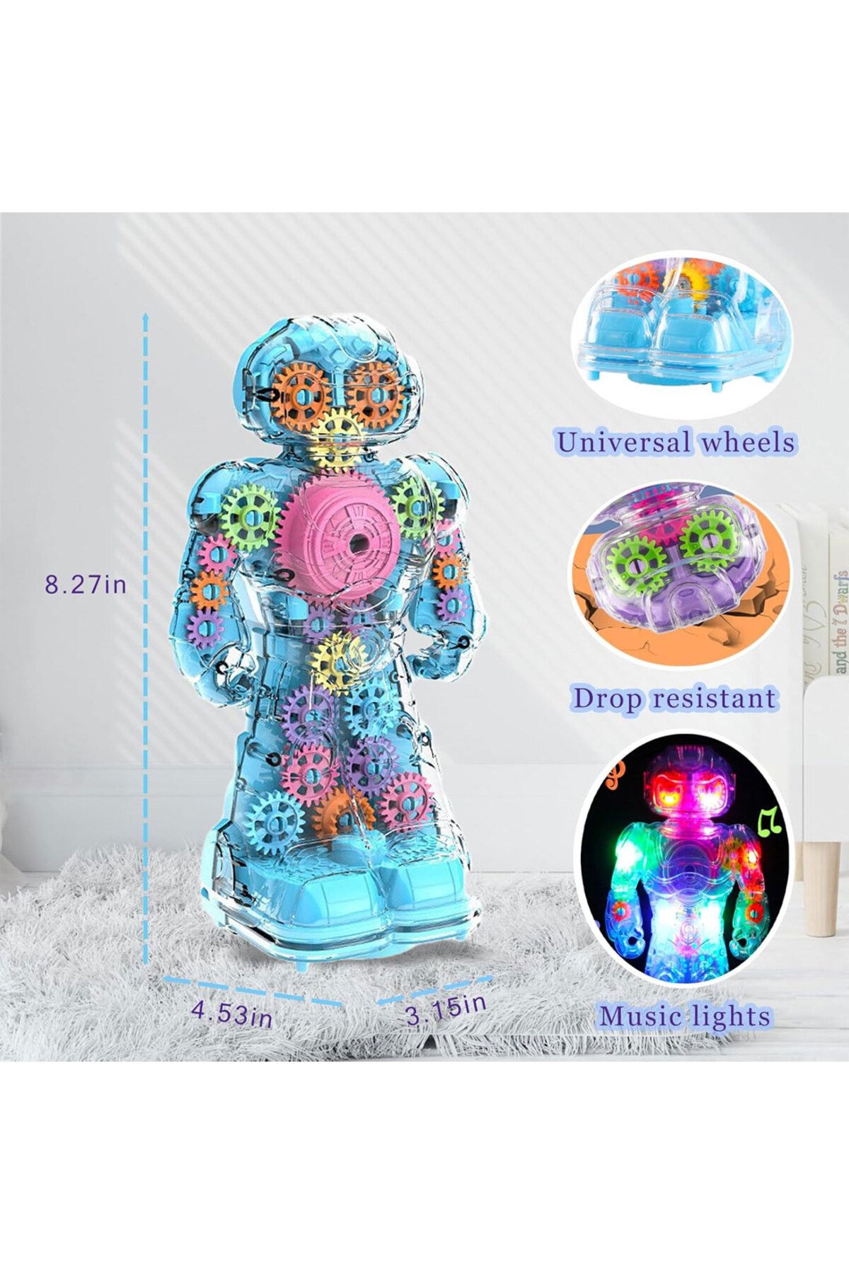 OYUNCAK STORE-Transparent Robot - 360 Degree Rotating Toy with Gear, Sound and Light 2
