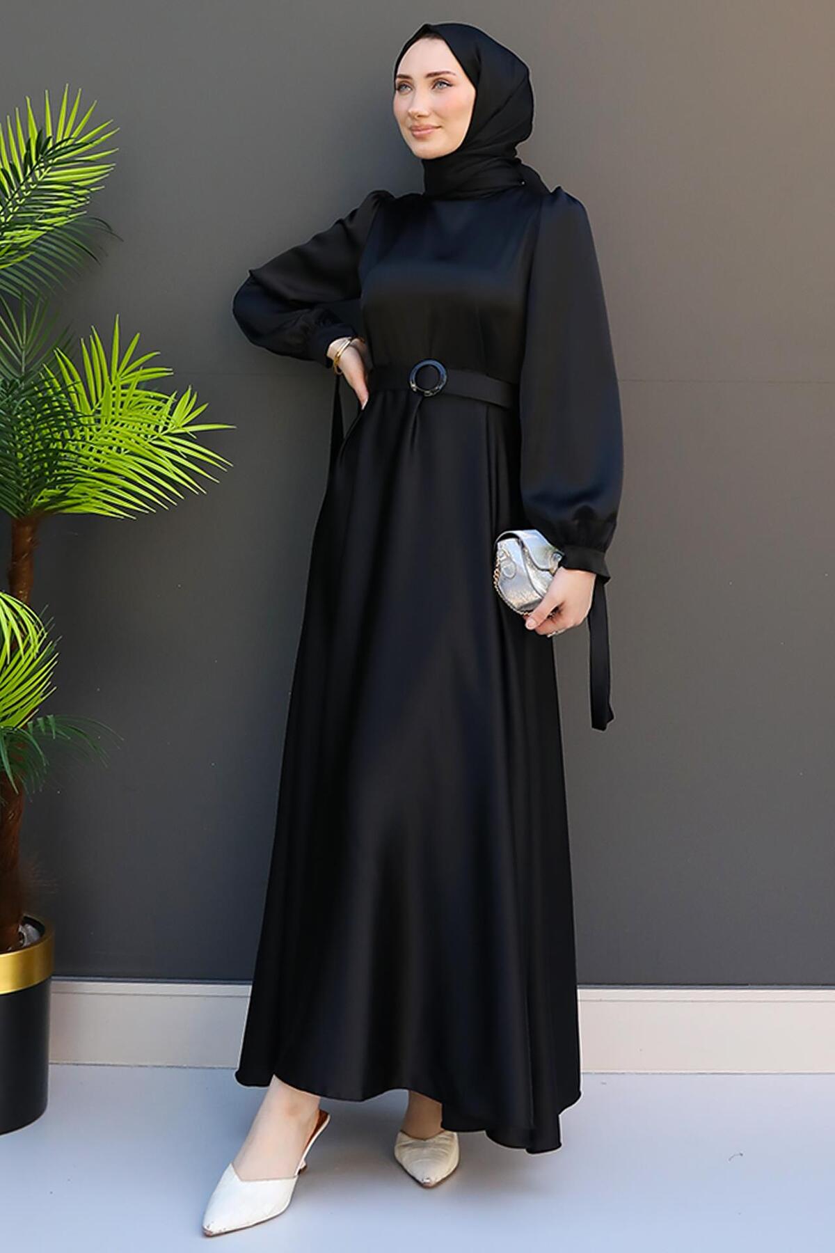 GİZ AGİYİM Saten Kemerli Elbise Siyah