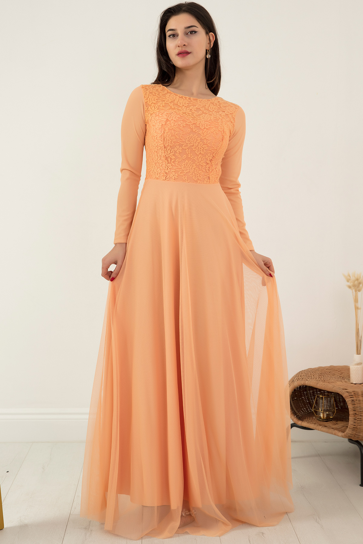 PULLIMM Six Tulle Top Lace Detail Hijab Evening Dress 3456-3- Trendyol
