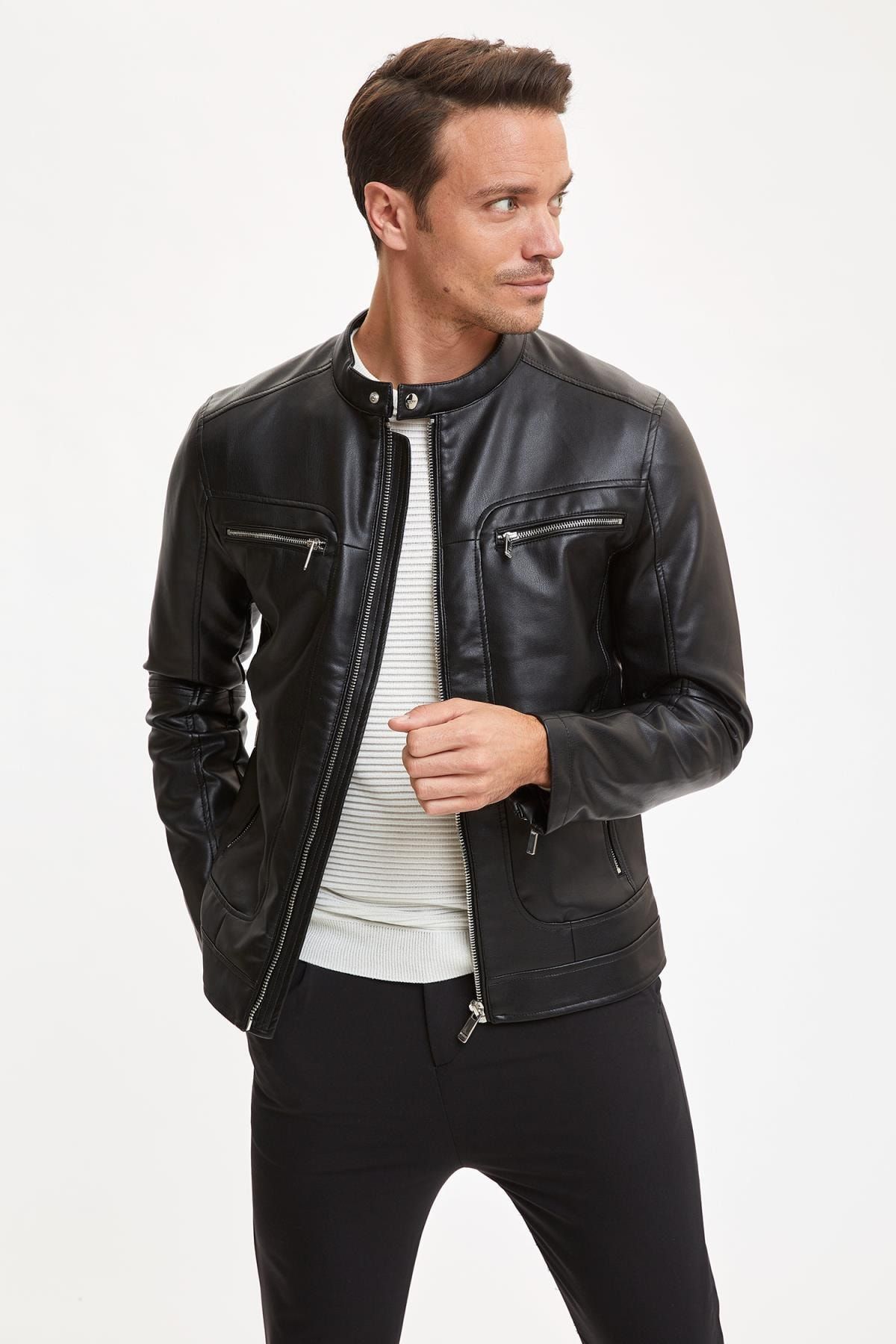 Defacto Erkek Black Red Deri Gorunumlu Slim Fit Mont R0814az20au Trendyol