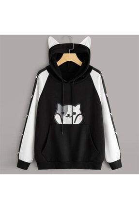 Oz Taha Kadin Siyah Kedi Kulakli Sweatshirt Trendyol