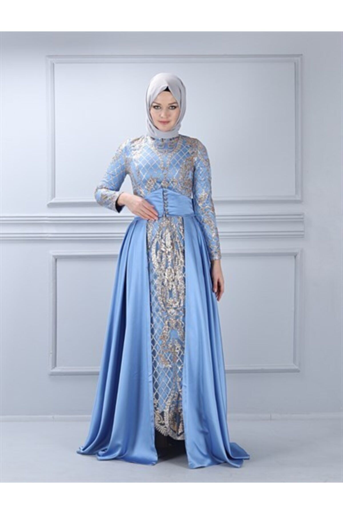 ModaMihram Sequined Cape Hijab Evening Dress Blue Trendyol