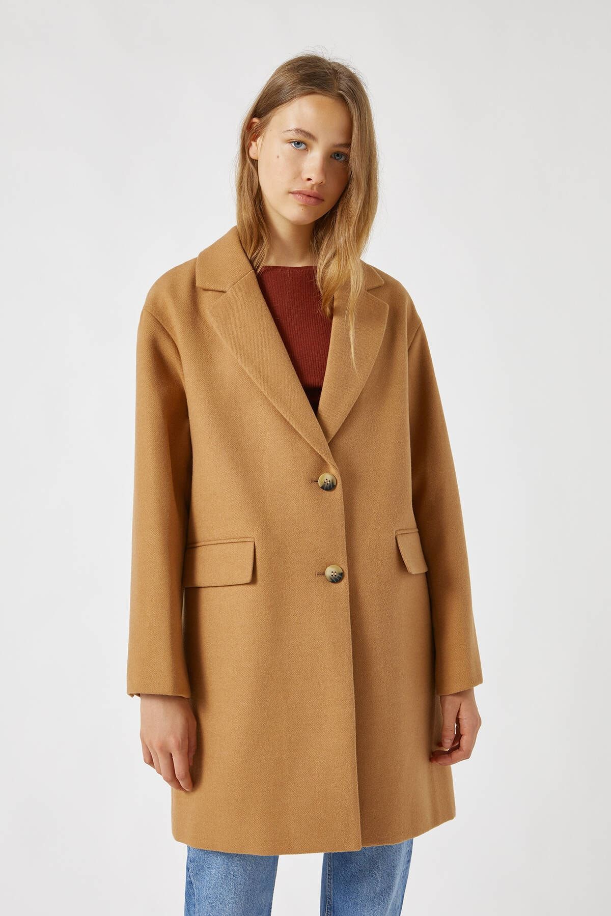 Pull Bear Kadin Orta Camel Iki Dugmeli Basic Kaban 09751301 Trendyol