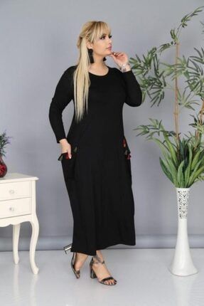 Kadın Siyah Cepli Rahat Kalıp Viskon Elbise cep7801