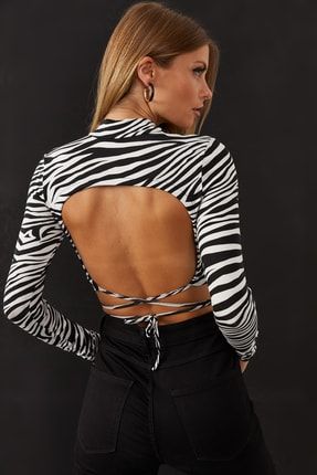 Kadın Ekru-Sıyah Sırt Dekolteli Zebra Desenli Crop Bluz LPP1131