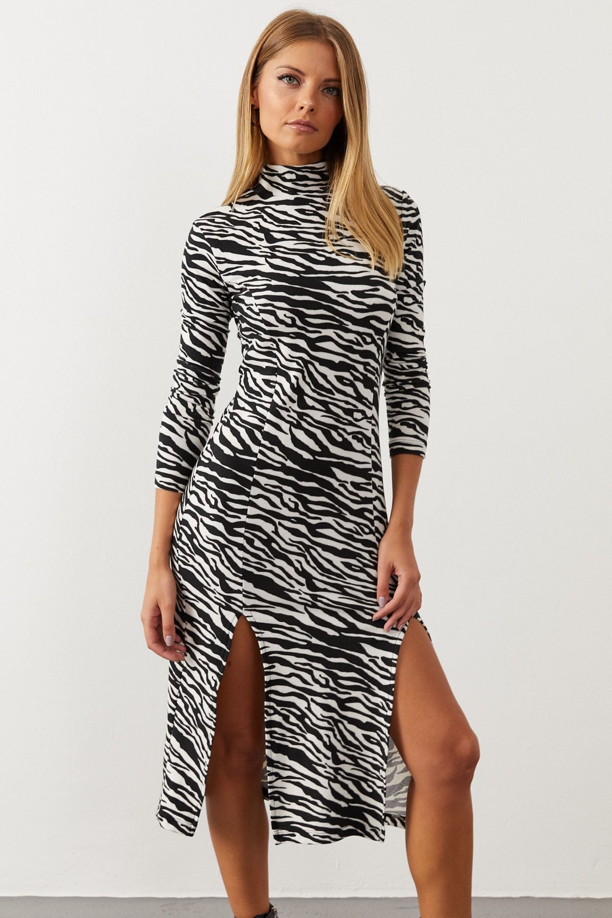 Kadın Siyah-Beyaz Çift Yırtmaçlı Zebra Desen Elbise EY1066