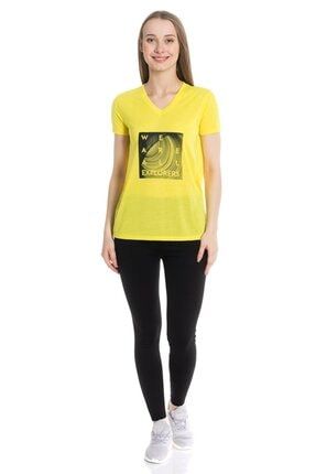 Kadın Sarı V Yaka Kare Çerçeve Baskılı T-Shirt DAN20Y-TST-013