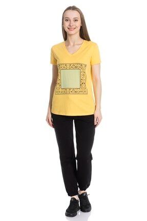 Kadın Sarı V Yaka Kısa Kollu Baskılı T-Shirt DAN20Y-TST-009
