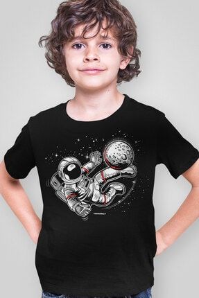 Unisex Siyah Çocuk Futbolcu Astronot Kısa Kollu T-shirt 1M1BB282FS