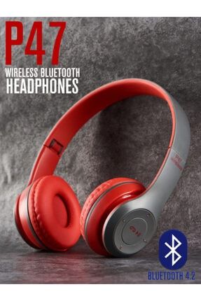 P47 Kablosuz Bluetooth Kulaklık Yükses Ses Ve Bass Fm Radyo Kırmızı