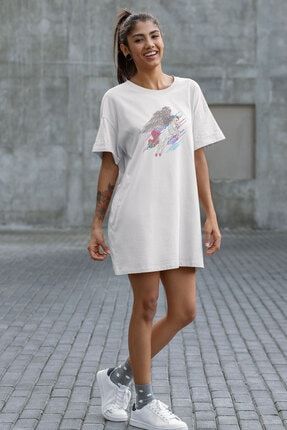 Kadın Beyaz Uçan Tatlı Unicorn Pamuklu Tişört Elbise A0525KTD999BEYAZ